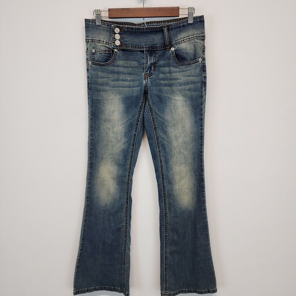 Womens Vintage Y2K Flare Jeans Size 7 Low Rise Medium Wash Stretch Bare Back
